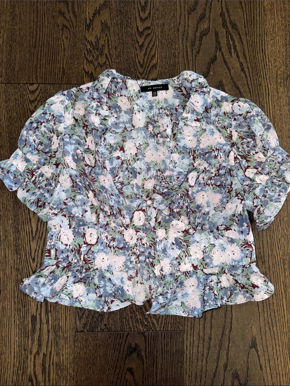 En Saison Floral Print Button-Up Ruffle Peplum Blouse | XS - Picture 2 of 6